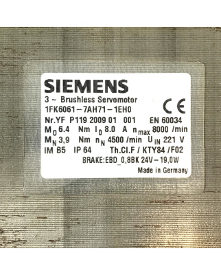 Siemens Servomotor Motor 1FK6061-7AH71-1EH0 NOV