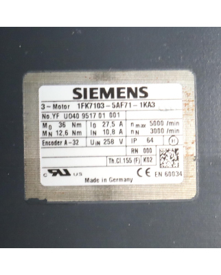 Siemens Servomotor 1FK7103-5AF71-1KA3 NOV