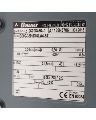 Bauer Schneckengetriebemotor BS02-38H/D04LA4-ST i=43 NOV