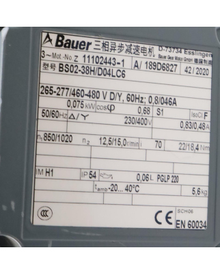 Bauer Schneckengetriebemotor BS02-38H/D04LC6 i=70 NOV