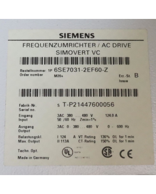 Siemens Simovert Masterdrive VC 6SE7031-2EF60-Z Z=M20...
