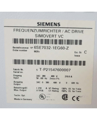 Siemens Simovert Masterdrive VC 6SE7032-1EG60-Z Z=M20...