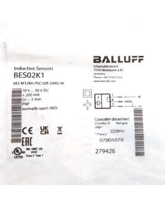 Balluff Induktiver Sensor BES02K1 BES M12MI-PSC30B-S04G-W...