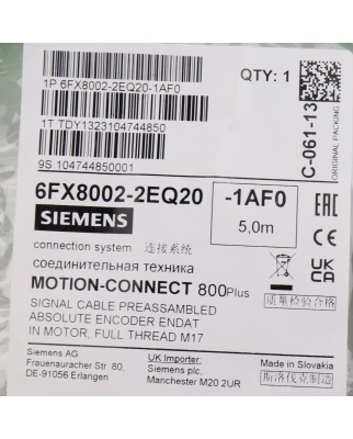 Siemens Signalleitung 6FX8002-2EQ20-1AF0 OVP