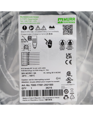 MURR ELEKTRONIK Verbindungskabel M12 Bu. freies Ltg-ende 7000-17061-2921500 OVP
