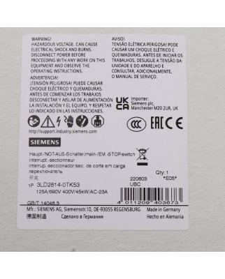 Siemens Haupt-/NOT-AUS-Schalter 3LD2814-0TK53 OVP