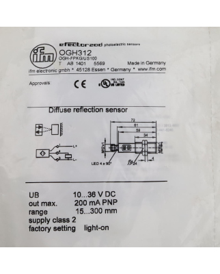 ifm Reflexlichttaster OGH312 OGH-FPKG/US100 OVP