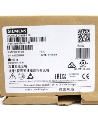 Sinamics CU250S-2 PN 6SL3246-0BA22-1FA0 FS:12 FW:V4.7 SP13 HF4 OVP