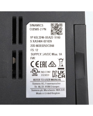 Sinamics CU250S-2 PN 6SL3246-0BA22-1FA0 FS:12 FW:V4.71 OVP