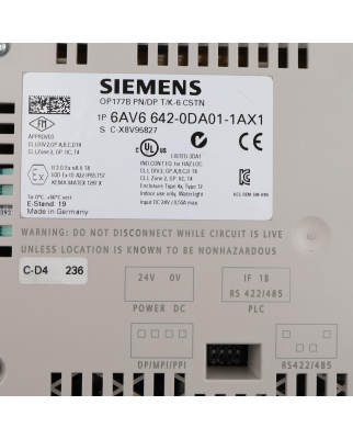 Siemens Simatic Operator Panel OP177B 6AV6 642-0DA01-1AX1 FS:19 REM