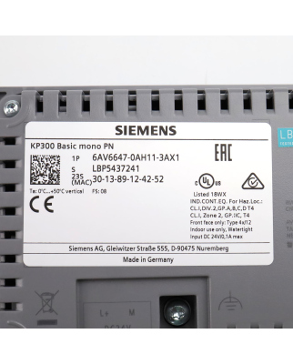 Simatic HMI KP300 Basic mono PN 6AV6647-0AH11-3AX1 FS:08 OVP