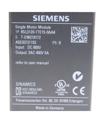 Sinamics Single Motor Module S120 6SL3120-1TE15-0AA4 FS:B...
