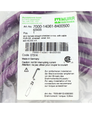MURR ELEKTRONIK Verbindungskabel M12 Bu. freies Ltg-ende 7000-14061-8400500 OVP