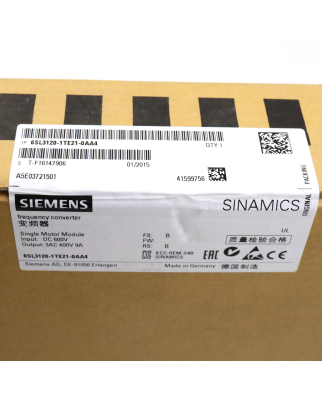Sinamics Single Motor Module S120 6SL3120-1TE21-0AA4...