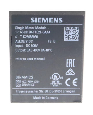 Sinamics Single Motor Module S120 6SL3120-1TE21-0AA4 FS:B...