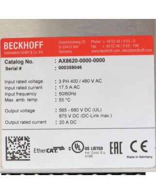 Beckhoff Einspeisemodul AX8620-0000-0000 GEB
