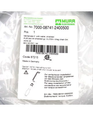 MURR ELEKTRONIK Verbindungskabel M8 Bu. freies Ltg-ende 7000-08741-2400500 OVP