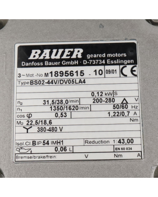 Bauer Getriebemotor BS02-44V/DV05LA4 R1=43,00 NOV