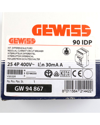 GEWISS Fehlerstromschutzschalter GW94867 OVP