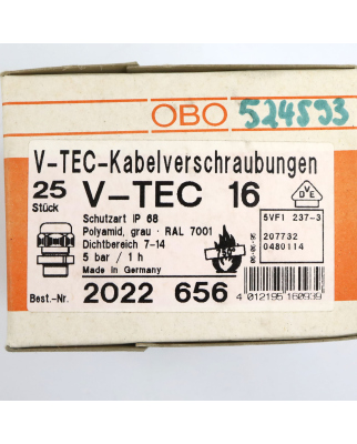 OBO Bettermann Kabelverschraubung V-TEC PG16 SGR 2022656 (25Stk.) OVP
