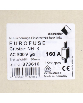 M.Schneider Sicherungseinsatz NH-3 AC500V gG 373616 (3Stk.) OVP