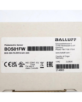 Balluff Reflexionslichtschranke BOS01FW BOS 23K-PA-RR10-SA1-S4S OVP