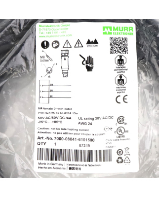 MURR ELEKTRONIK Verbindungskabel M8 Bu. freies Ltg-ende 7000-08041-6101500 OVP