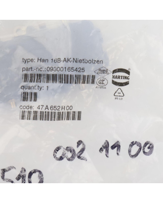Harting Abdeckkappe Han 16B-AK-NIETBOLZEN 09300165425 OVP