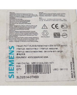Siemens Lasttrennschalter 3LD2514-0TK53 OVP