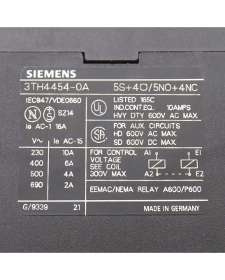 Siemens Hilfsschütz 3TH4454-0AN2 220V OVP