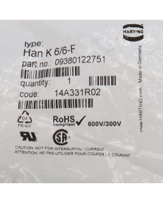 Harting Buchseneinsatz Han K 6/6-F 09380122751 OVP