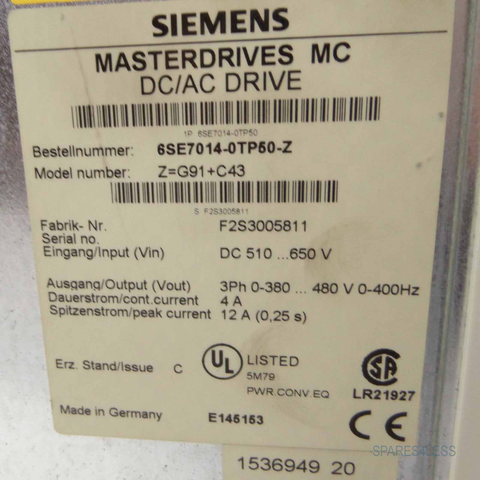 Produktbild von Siemens Simovert Masterdrives 6SE7013-0EP50-Z – Mit Z=G91+C43, Gebraucht, Funktionsfähig