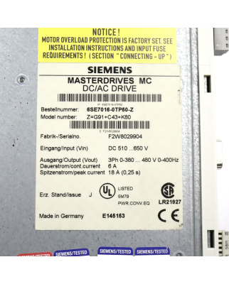 Siemens SIMOVERT Masterdrive MC 6SE7016-0TP50-Z Z=G91+C43+K80 E-Stand:J GEB
