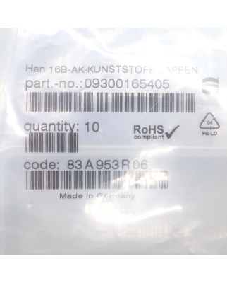 Harting Abdeckkappe Han 16B-AK-Kunststoff Zapfen...
