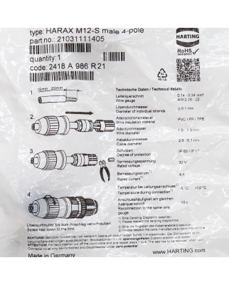 Harting Steckverbinder Harax M12-S 4 pol. Stift...
