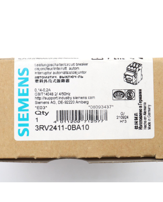 Siemens Leistungsschalter 3RV2411-0BA10 OVP