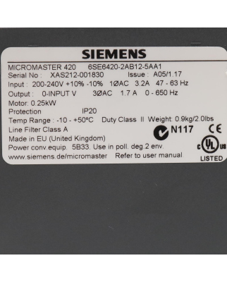 Siemens Micromaster 420 6SE6420-2AB12-5AA1 GEB