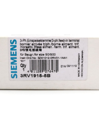 Siemens 3-Phasen-Einspeiseklemme 3RV1915-5B OVP
