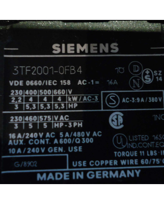 Siemens Schütz 3AC/4kW/400V 3TF2001-0FB4 GEB