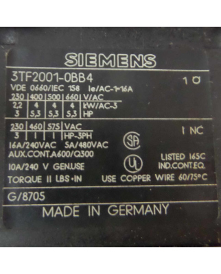 Siemens Schütz 3AC/4kW/400V 3TF2001-0BB4 GEB