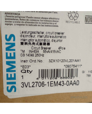 Siemens Leistungsschalter VL160N 3VL2706-1EM43-0AA0 OVP