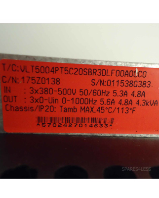 Danfoss Frequenzumrichter VLT5004PT5C20SBR3DLF00A00C0 175Z0138 4,3 kVA NOV