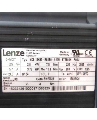 Lenze Servomotor ID 15033426 MCS 12H35-RS0B0-A19N-ST5S00N-R0SU NOV