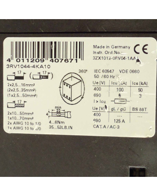 Siemens Leistungsschalter 3RV1044-4KA10 GEB